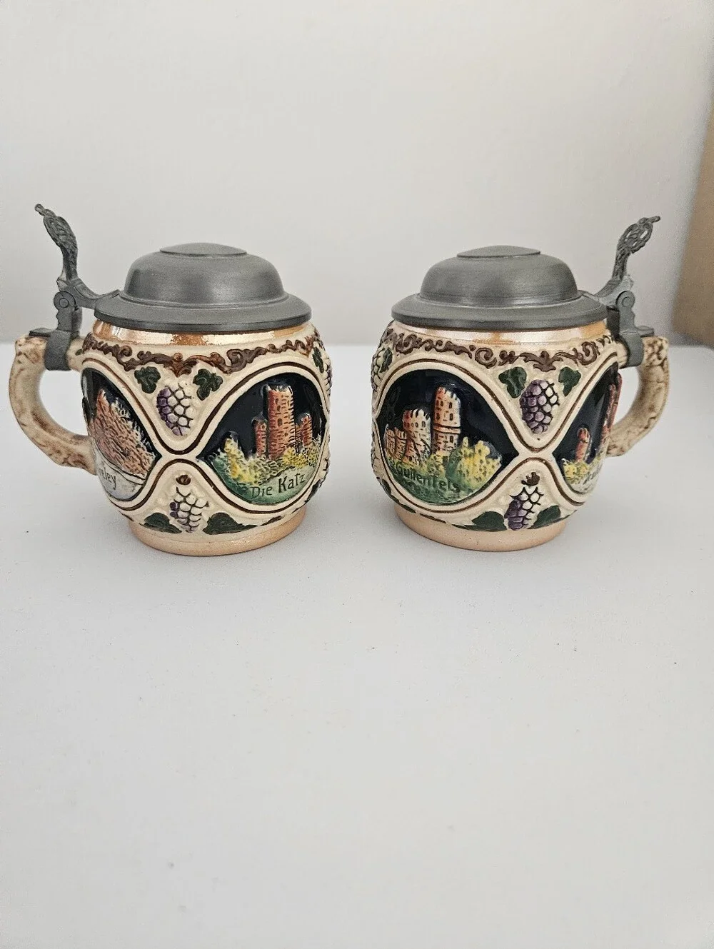VTG Set of Two German Rhein River Stoneware Pewter Lid Steins | SZ 4